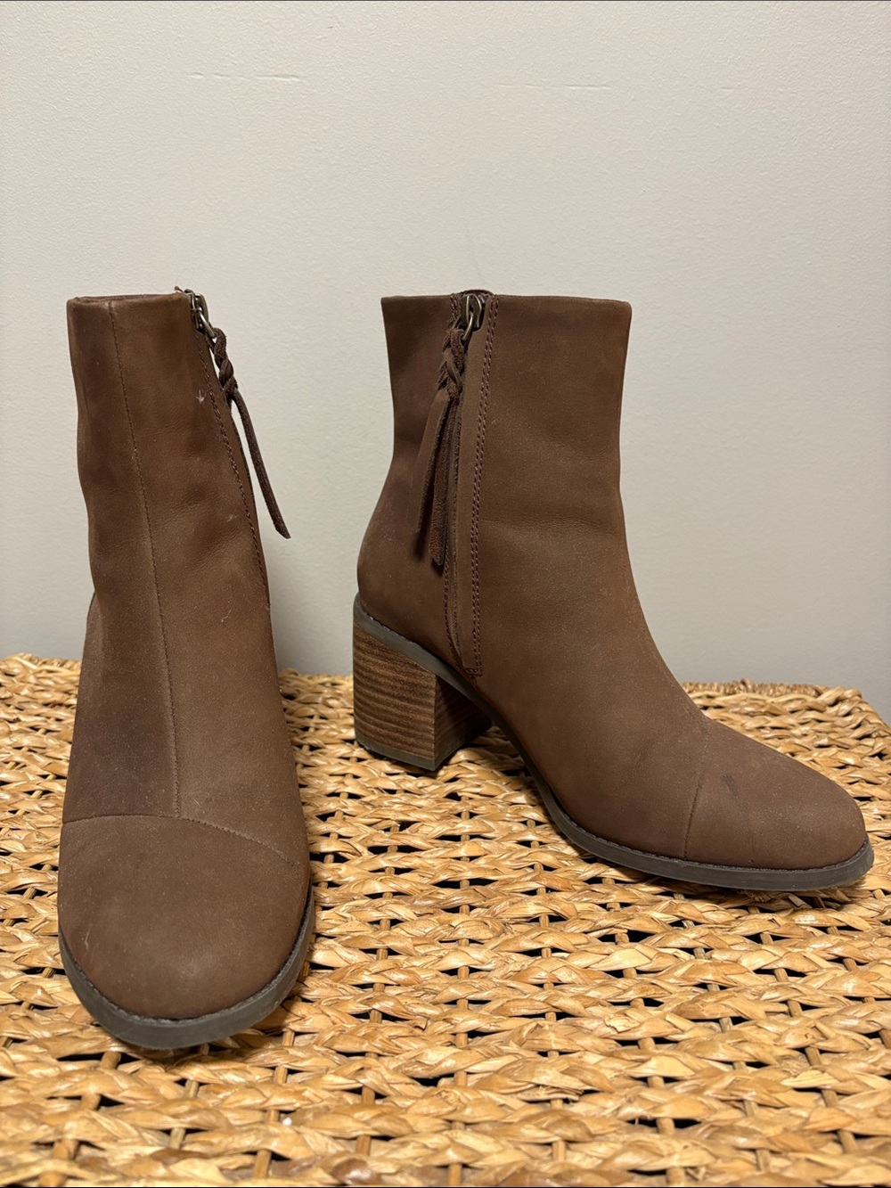 Toms Brown Suede Block Heel Ankle Boots with Tassel Zip